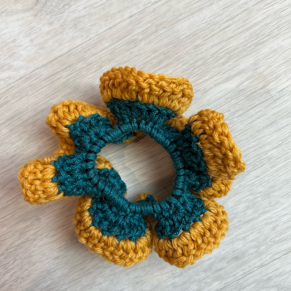 Handmade Crochet Scrunchie in Mustard and Teal
